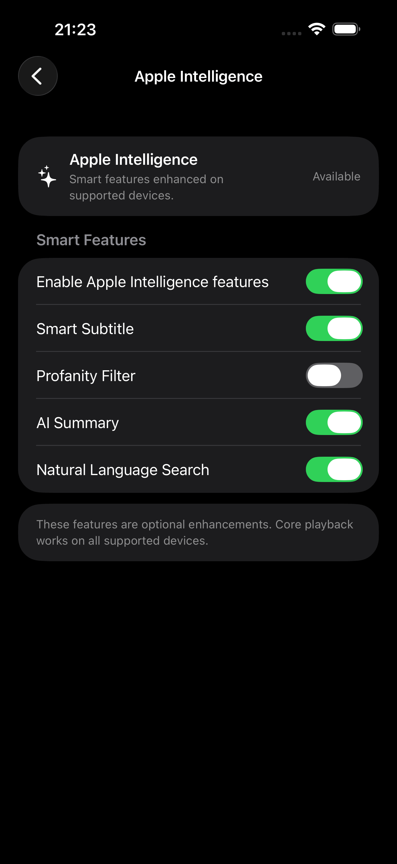 TV-Box smart subtitle and Apple Intelligence settings